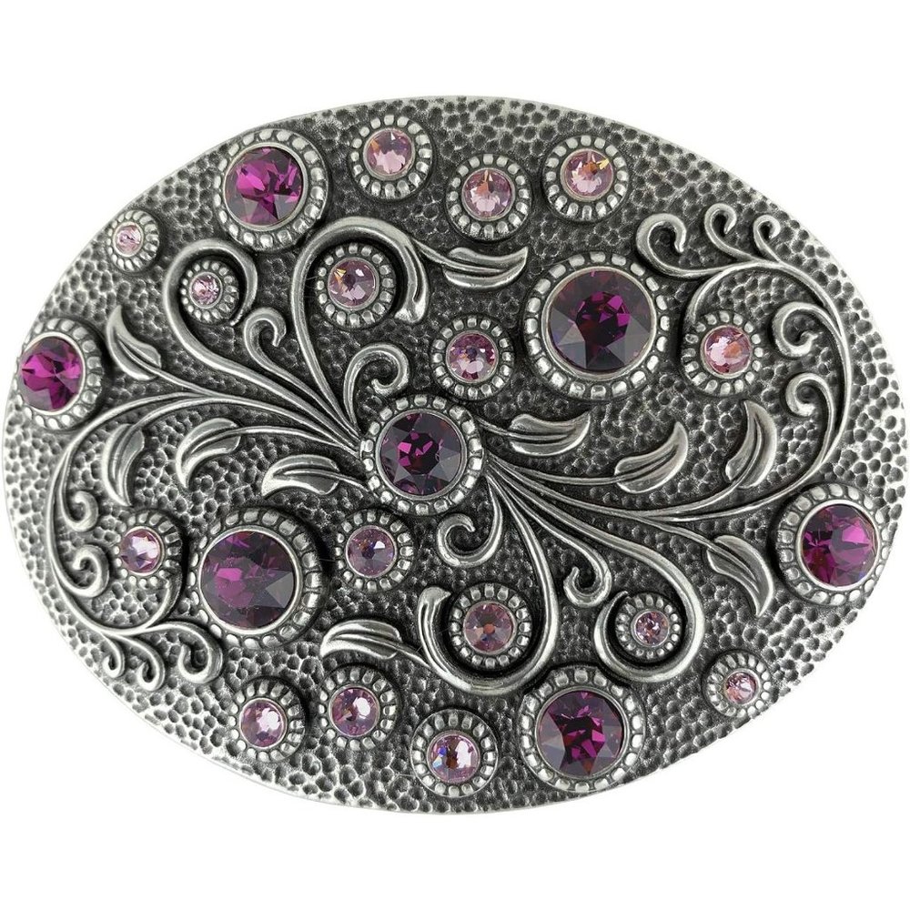 Light Dark Amethyst Antique Oval Floral Engraved Rhinestone Crystal Belt Buckle